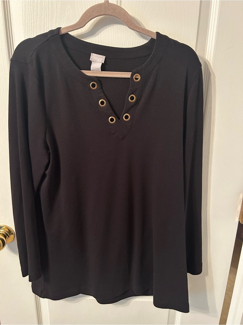 Chico's Black Long-Sleeve V-Neck Top with Gold Eyelets